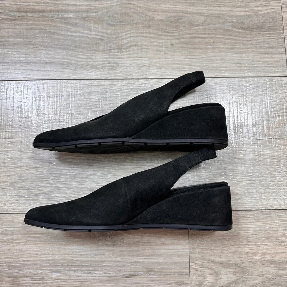 Eileen Fisher Devi Tumbled Nubuck Black Leather Slingback Wedge Heels Women's‎ 6